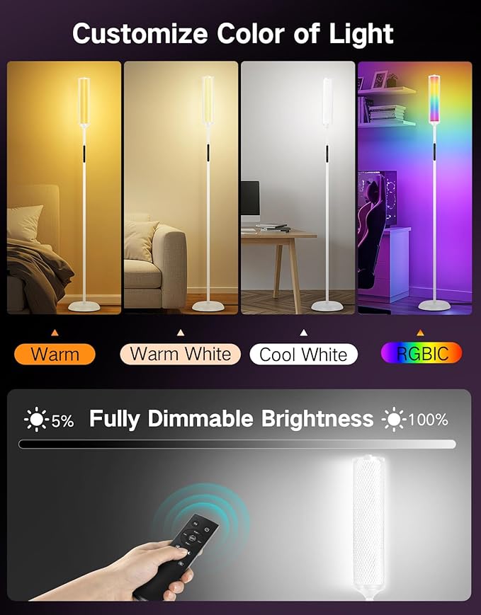 OUTON Corner Floor Lamp with Remote, Touch & App Control, RGB Color Changing Standing Lamp with 32 Modes, 360 Lighting, 3 Color Temperatures, Dimmable 66 in Tall Lamp for Living Room,White & Metal