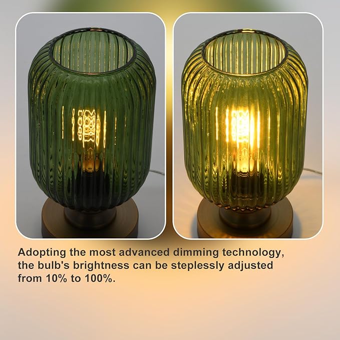 Mid Century Glass Table Lamp,Dimmable Desk Lamp,LED Bulb Included,Touch Control & USB A+C Port,Green Ribbed Glass