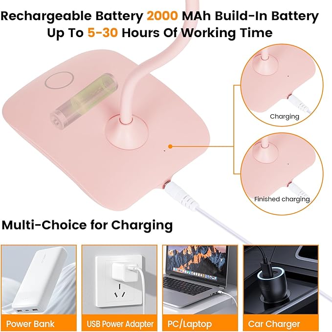 Battery Powered Desk Lamp, Portable Lamps Rechargeable 3 Color Modes Touch Control Stepless Dimming, Wireless Desk Lamp with 2000mAh, Small LED Table Light for Dorm Study Office Bedroom,Pink(2-PACK)