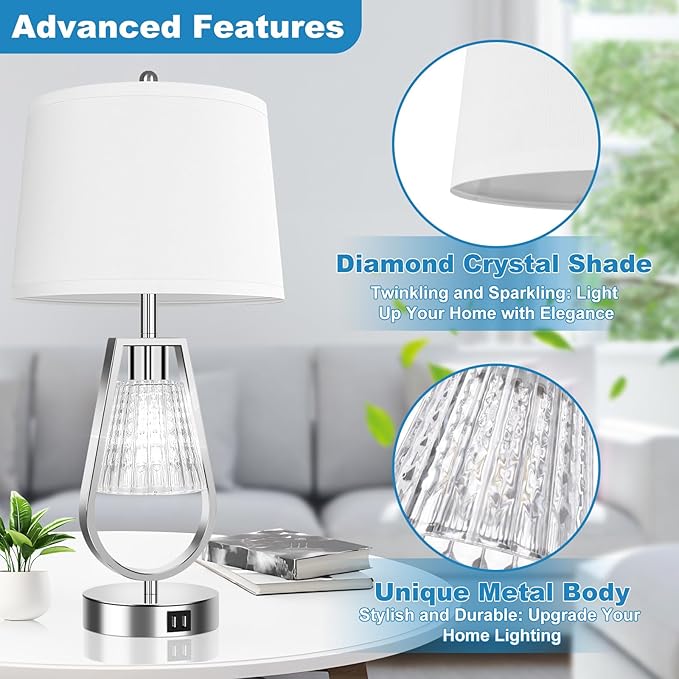 VerRon Table Lamp with Night Light Set of 2, Touch Control Bedside Lamps with 2 USB Ports, Dimmable Nightstand Lamps for Bedroom, Living Room Table Lamps with White Shade & 4 Bulbs, Brushed Nickel