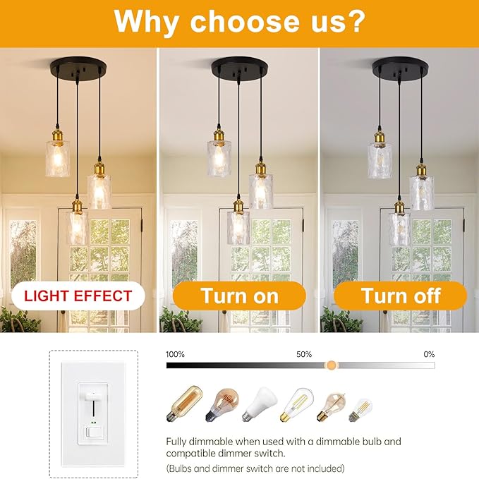 Modern Pendant Lights Kitchen Island, 3-Light Black and Gold Pendant Light Fixtures with Clear Hammered Glass Shade, Industrial Hanging Pendant Lights Fixture for Kitchen Island Dining Room Entryway