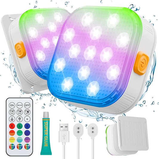 Lixada LED Pool Light, Rechargeable Submersible Underwater Light with Remote,16 Color Changing IP68 Waterproof for Aboveground/Inground Pools, Pond Decoration(2 Pack)
