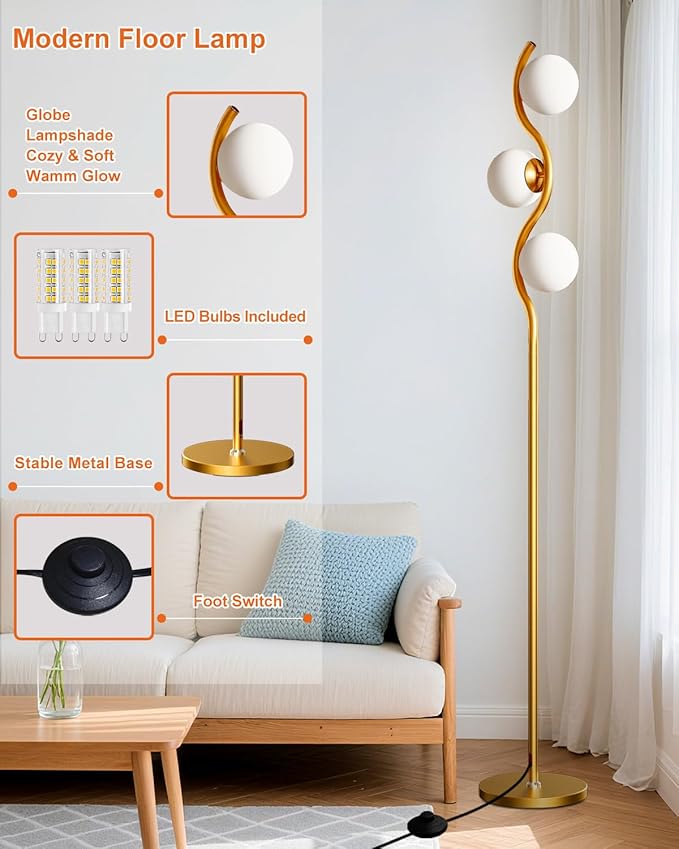 Lightdot Globe Floor Lamp for Living Room, Mid Century Modern Floor Lamps with 3Pcs 3000K Soft Warm White G9 Bulbs Included, Gold Tall Standing Lamp for Bedroom/Sofa Beside/Corner Decor