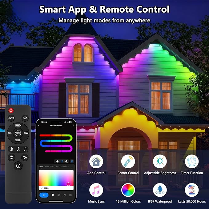 Permanent Outdoor Lights for House: 100FT Smart RGB+IC Eave Light for Halloween Christmas Decor,Warm/Cool White Lighting,IP67 Waterproof,Works with Alexa Google Assistant,White