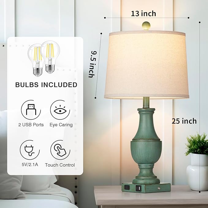 Farmhouse Table Lamps for Living Room, Rustic Touch Control Bedside Lamps with USB A+C Charging Ports & AC Outlet, Vintage 3-Way Dimmable Traditional Classic Nightstand Lamp for Bedroom Office Green