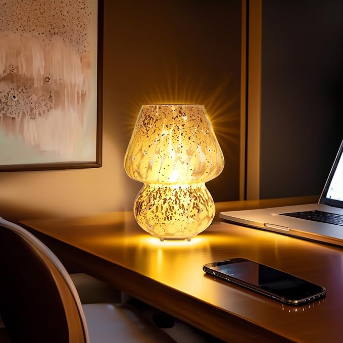 Glass Mushroom Lamp Cordless Table Lamp for Bedroom, Small Desk Bedside Lamps for Living Room, Mushroom Decor Cute Mini Modern Lamps Battery Operated for Night Stands, Aesthetic Home Living Room Decor
