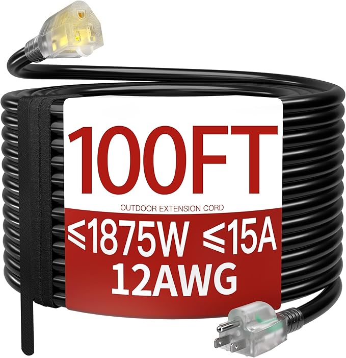 100 FT 12 Gauge Extension Cord Outdoor, Heavy Duty Weatherproof & Flame Retardant Black 3 Prong Power Cord with Light, Outside for Lawn & Garden, 15 Amps 1875 Watts 125 VAC 12AWG SJTW, ETL Listed