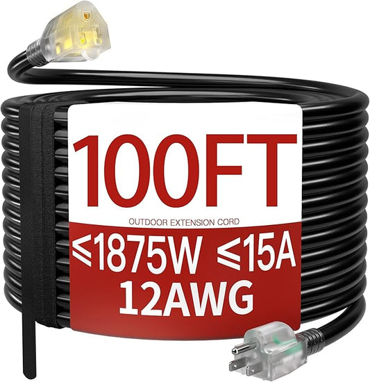 100 FT 12 Gauge Extension Cord Outdoor, Heavy Duty Weatherproof & Flame Retardant Black 3 Prong Power Cord with Light, Outside for Lawn & Garden, 15 Amps 1875 Watts 125 VAC 12AWG SJTW, ETL Listed