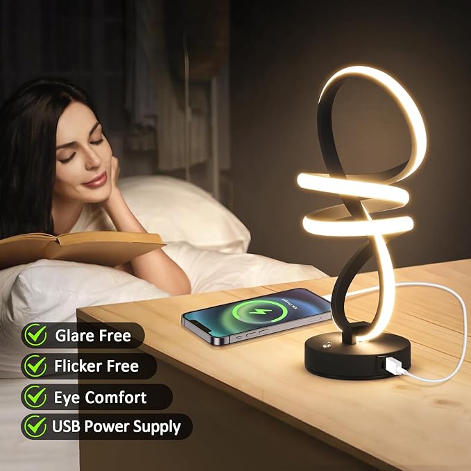 Modern LED Table Lamp, Spiral RGB Table Lamp, Touch Dimmable LED Nightstand Lamp with USB/Type C, 7 Colors & 10 Light Modes Bedside Lamp for Bedroom, Living Room, Office, Cool Lamps for Ideal Gift