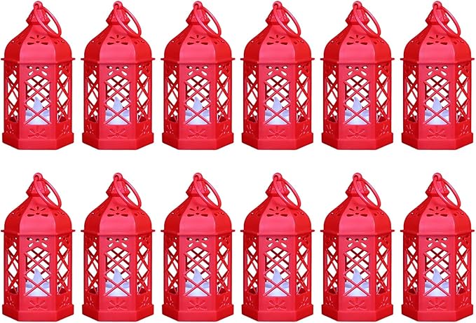12-Pack Mini Lanterns for Ramadan, Christmas, Small Decorative Lanterns with Flickering LED Candle for Enchanted Forest Wedding Decor, Moroccan Lantern for Table Centerpiece & Ornament, Red