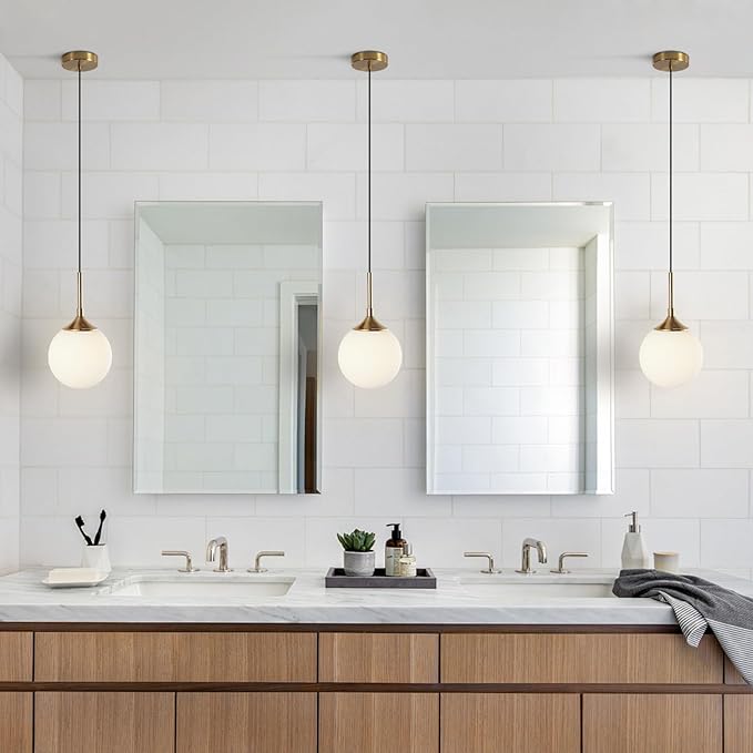 KCO Lighting Mid Century Modern Milk Glass Pendant Light Large White Globe Hanging Light Gold Ceiling Light Fixture 1 Light Pendant Lighting Brushed Brass Hanging Light Fixture