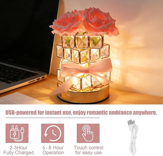 Crystal Table Lamp, Rechargeable Cordless Rose Light, with Touch & Remote Control Dimming - 16-Color Dimmable, Birthday Gifts for Women, Mom, Wife, Living Room, Bedroom Decor