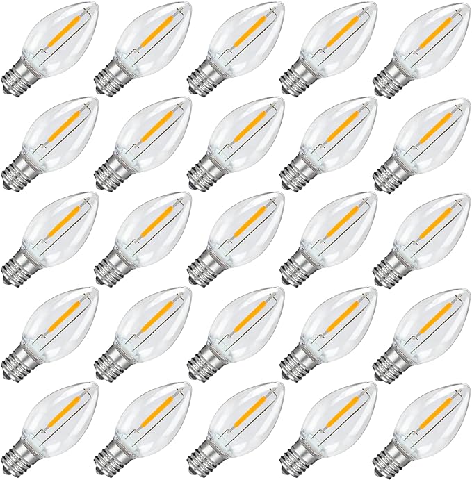 25Pack LED Night Light Bulbs, C7 Shatterproof Replacement Led Bulb for String Light, E12 Base Salt Lamp Bulbs, 0.6W Equivalent to 7W, Warm White 2200K, 50LM