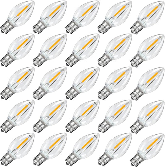 25Pack LED Night Light Bulbs, C7 Shatterproof Replacement Led Bulb for String Light, E12 Base Salt Lamp Bulbs, 0.6W Equivalent to 7W, Warm White 2200K, 50LM