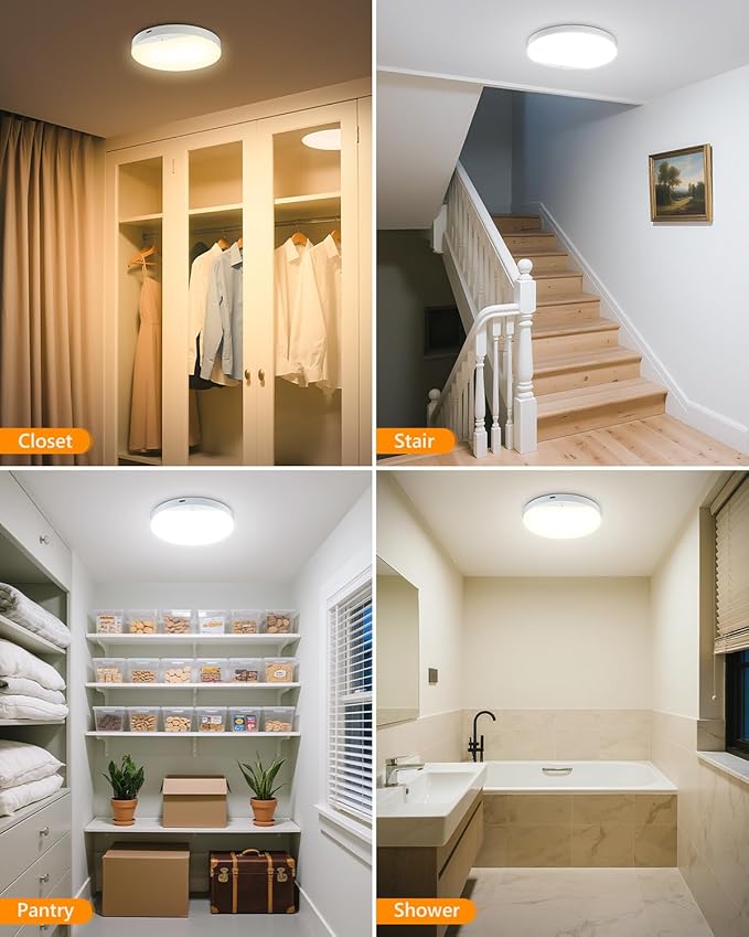 Rechargeable 6W Motion Sensor Ceiling Light Indoor, Wireless Magnetic Stick-On, Remote Control for Color & Brightness, Battery Operated Light for Shower, Closet, Bathroom, Pantry, Hallway, 1-Pack