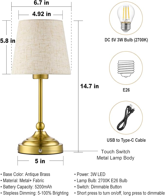 BOHON Cordless Lamp with Dimmer, Built-in 5200mAh Rechargeable Lamp, Patio Table Lamp, LED Bedside Night Light, Outdoor Ambient Light for Camping Restaurant Bedroom Dining Room Decor, Antique Brass