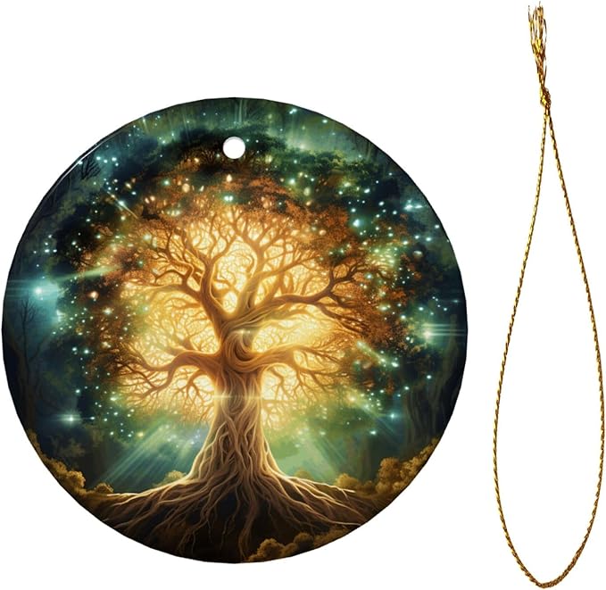 Glowing Tree of Life Christmas Ornaments, Christmas Decorations Xmas Tree Hanging Ornaments, Round Ceramic Festive Keepsake Gift for Xmas Decorations Holiday Home Decor