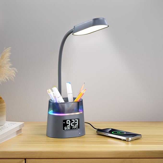 Led Desk Lamp for Home Office, Touch Table Lamp with Pen Holder, 3 Color Modes Stepless Dimmable Reading Light, Gooseneck Lamp for Dorm Room, Bedside Study Light with Clock for Kids, Girls, Boys