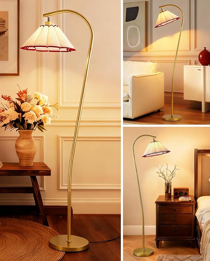 Floor Lamp with Pleated Linen Lampshade, Modern Flower Floor Lamp for Living Room Arc Standing Lamp, Gold Tall Lamp for Bedroom Office Dining Room, Bulb Included (Gold + Red, 65IN)