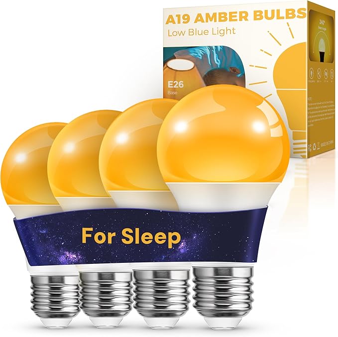 L LOHAS LED Sleep aid Amber Light Bulbs, Blue Light Blocking, A19 9W(60 Watt Equivalent) Dim Light Bulbs, 1800K Warm Light Bulb, E26 Base, 4 Pack