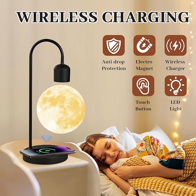 Floating Moon Lamp with 3 Color LED Lights, Magnetic Levitating Moon Ball & Wireless Phone Charger Elegant Home Office Decor Ideal Unique Gift with Cool Mesmerizing Night Display
