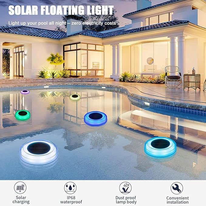 Solar Floating Pool Lights, Dynamic RGB Lighting Effects, IP68 Waterproof That Float, Upper and Lower Pool Garden Lights Decor for Outdoor Above Ground 1 Pack
