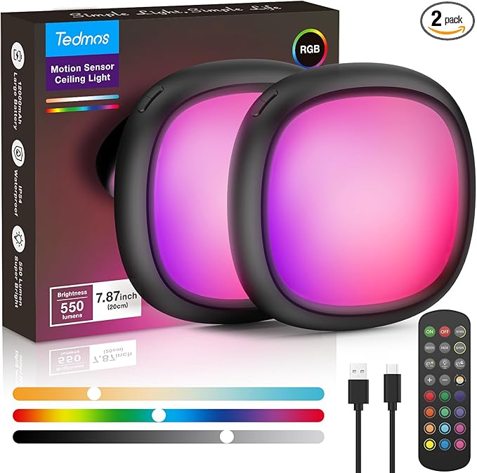 2 Pcs Motion Sensor Rechargeable Ceiling Light with Remote, 12000mAh 550LM Wireless IP54 Waterproof Shower Light, Battery Operated RGB Closet Lights Sensored LED Overhead Lighting No Wiring for Garage