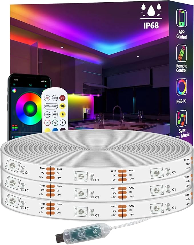 50FT Ws2812 RGB+IC LED Strip Lights IP68 Outdoor Waterproof, 5V USB Powered, Music Sync Bluetooth APP/RF Remote Control Lights for Balcony,Deck,Camping,Garden,Bedroom Decor