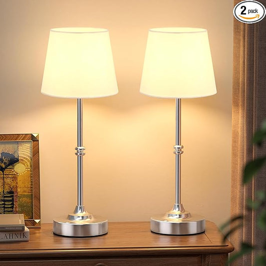 Kakanuo Rechargeable Cordless Table Lamp Silver - 2 Pack 4000mAh Battery Operated Lamp, Touch Control Stepless Dimming, for Home Decor, Dining Table, Living Room, Bedroom