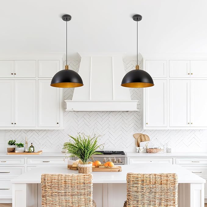 16 Inch Black Dome Pendant Lights for Kitchen Island, Height Adjustable Farmhouse Industrial Hanging Light Fixtures Over Table for Dining Room, Entryway, 1 Pack
