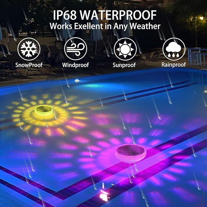 Solar Floating Pool Lights, 9 Fixed Colors ＆ 3 Dynamic RGB Color Changing, IP68 Waterproof LED Solar Pool Lights with Remote Control for Pool Fountain Garden Ponds Decor (2 Pack)