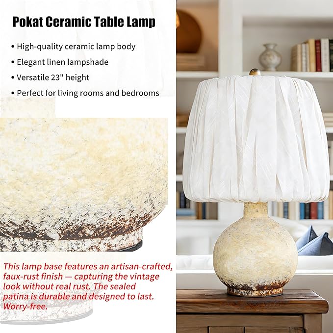 15.5" Antique Ceramic Table Lamp, Small Farmhouse Desk Lamp with Pleated Lampshade, Modern Table Lamps for Bedside Bedroom and Living Room - Side Table Lighting Lamps Replacement (White)
