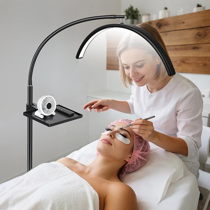Half Moon Lash Light with Tool Tray for Eyelash Extensions & Estheticians, Dimmable LED Lash Lamp with Flexible Gooseneck, Shadow-Free Moon Light for Lash Tech, Tattoo, SPA, Eyelash Lamp (BLack)