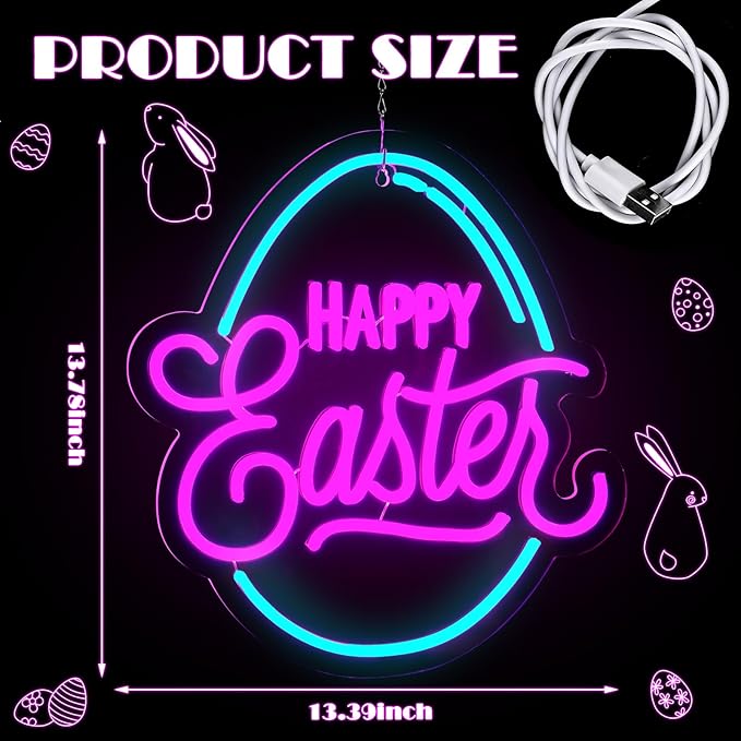 Baquler Easter Neon Sign for Wall Decor Egg Happy Easter LED Neon Light Window USB Powered for Wall Room Gift Party Decoration