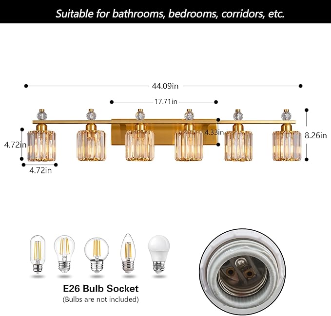 Bathroom Vanity Lights 6-Light Gold Modern Crystal Vanity Light Fixtures Over Mirror Crystal Bathroom Vanity Lighting Fixtures
