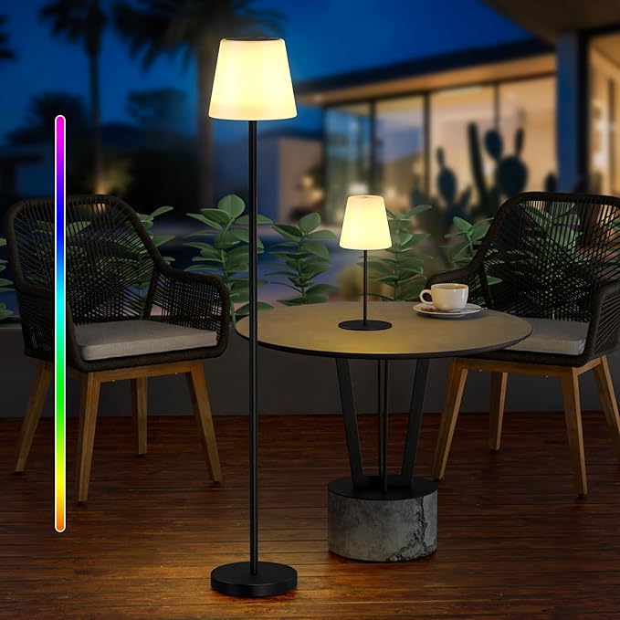 Solar Outdoor Floor Lamp and Table Lamp 2-Piece Set Dimmable Cordless USB Rechargeable RGB Warm White LED Water-Resistant Lights for Yard Garden Patio Balcony
