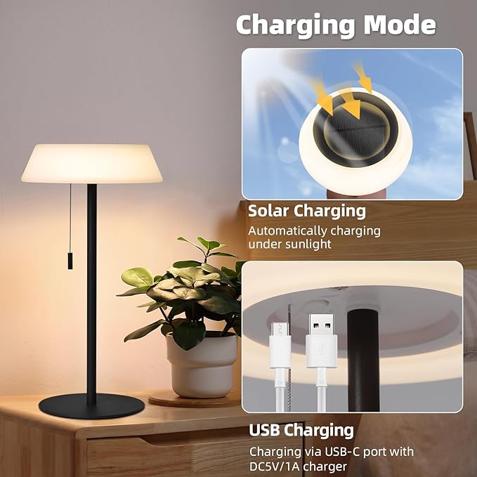 Solar LED Outdoor Table Lamp Waterproof, 3 Level Dimmable Desk Night Light, Portable Cordless USB Rechargeable, for Home/Deck/Patio/Garden (Black)