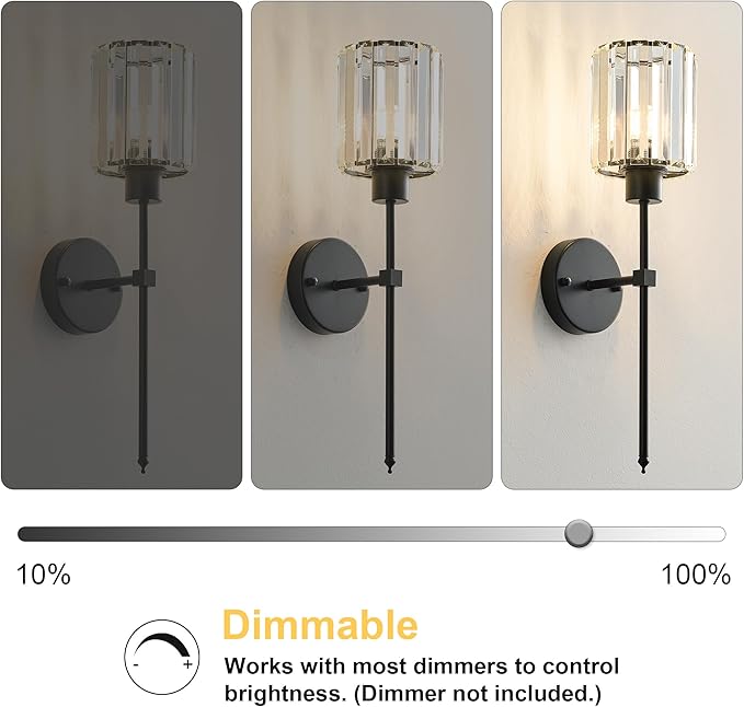 Hardwired Crystal Wall Sconces Set of Two - Dimmable Wall Light Fixtures 3000K, Warm White, for Hallway, Bathroom, Living Room, Bedroom, Black, 20.1 Inch