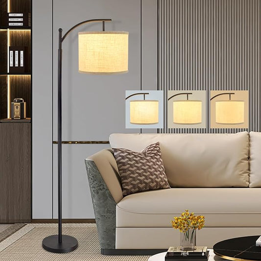 DLLT Modern Arc Floor Lamp, Farmhouse Standing Floor Lamps with Lantern Lampshade, Industrial Tall Reading Light for Bedroom Living Room Office Study, 3 Color Temperatures, Black, 8W Bulb Included