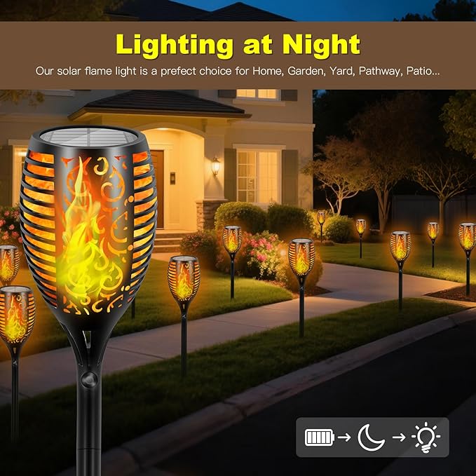 4 Pack Solar Lights Outdoor Larger 96 LED Solar Tiki Torches with Flickering Flame Upgraded Taller 43" Outdoor Lights Waterproof for Garden Patio Yard Pathway Outside Halloween Decorations