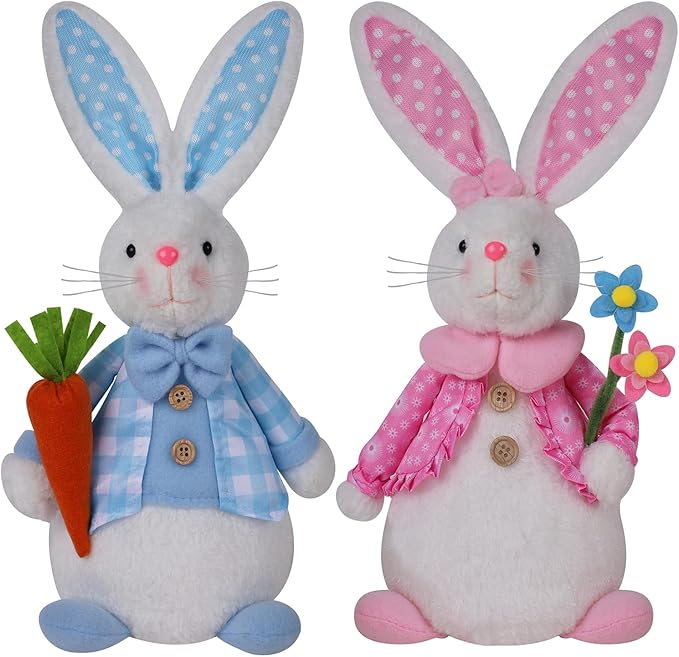 Juegoal 2 Pack Lighted Easter Bunny, 12.5" Handmade Huggable Rabbits Couple with Lights, Light Up Easter Basket Rabbits Easter Gift, Party Favor Figurine for Spring Tabletop Holiday Room, White