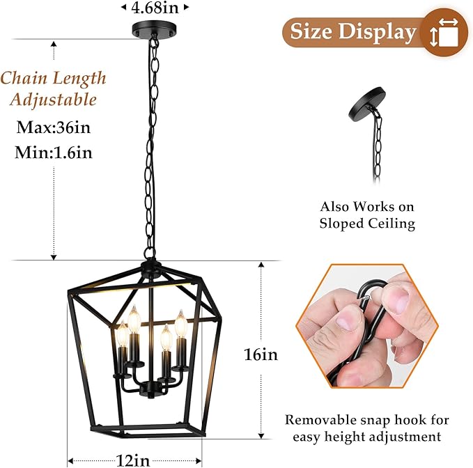 BrightHome Farmhouse Chandelier 4-Light, Black Pendant Light Fixture for Kitchen Island Dining Room, Lantern Industrial Lighting Ceiling Hanging with Metal Cage Adjustable Height for Entryway Foyer