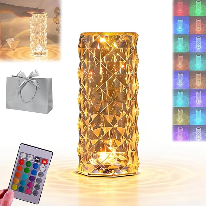 Can Switch 16 Colors Artificial Crystal Table Lamp, 2026 New 16 Color Rose Crystal Diamond LED Table Lamp, RGB Color Changing Rose Diamond Design, with Remote Control USB Charging Touch Sensor (Small)