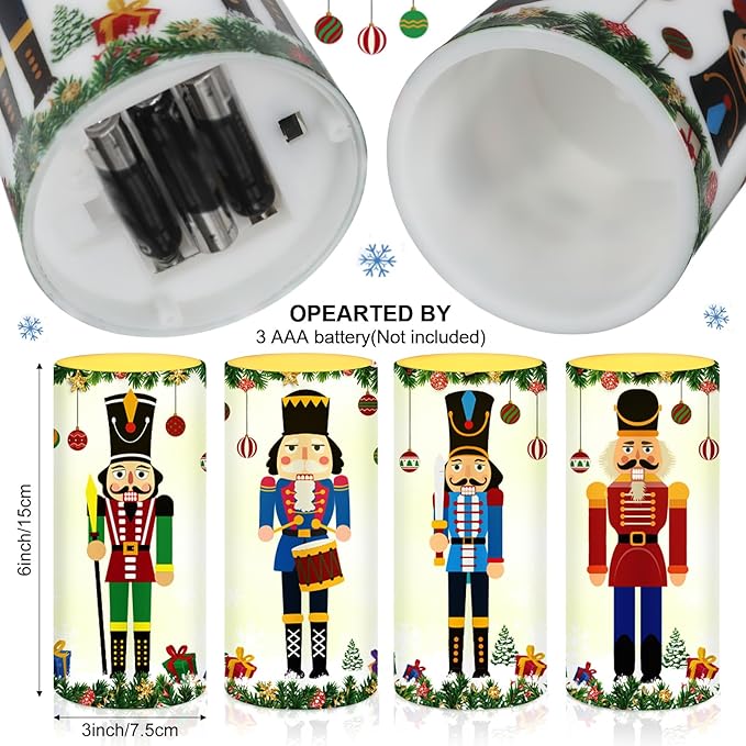 Tiamon 4 Pcs Nutcracker Christmas Flameless Candles Realistic Battery Operated LED Candles with Timer Remote Warm Light Flickering Pillar for Xmas Holiday Table Decorations
