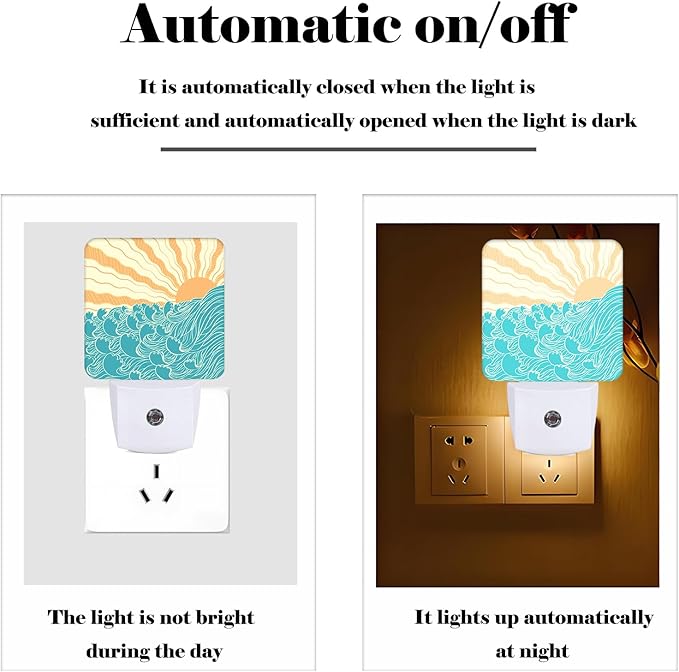 Boho Sea Waves Night Light,Plug-in Nightlights Auto Sensor Night Lamp Dusk-to-Dawn Lamp Home Decor for Nursery Children Girls Boys