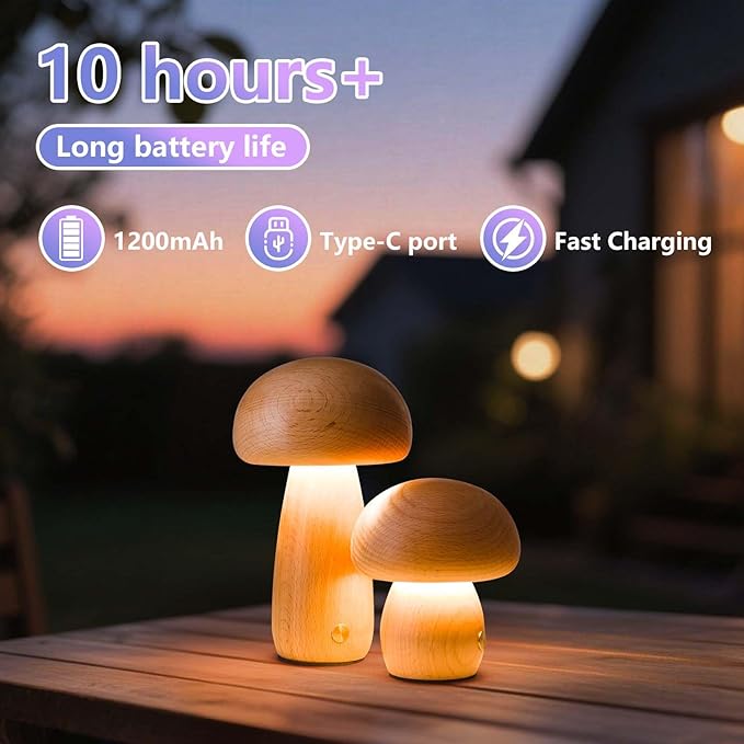 Mushroom-Night-Lights Rechargeable, Cordless Wooden Mushroom Table Lamps, Portable Desk Lamps for Bedroom, Studyroom, Living Room, Office, Birthday Gifts(2 Packs)
