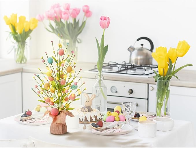 RoseCraft Easter Decorations, Artificial 18 Inch Pre-Lit Easter Egg Tree Tabletop Decor with Delicate Ornaments, for Home Party Wedding Holiday Spring Summer Decoration, Pink/Blue/Yellow.