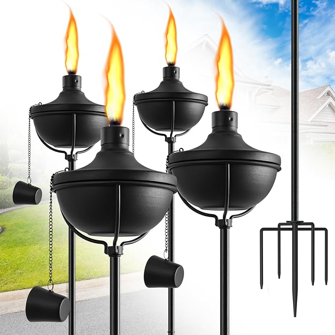 Home Garden Torch Set of 2, Outdoor Metal Torches with 5-Prong Grounded Stake, 56-Inch Adjustable Citronella Torches, 23.5 oz Metal Light for Patio, Pathway, Party (Ultra-Stable Design)