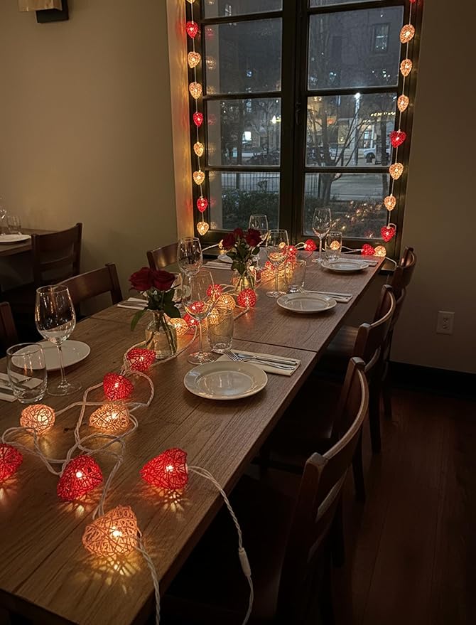 8.5ft Valentine’s Day Heart String Lights Plug in, Vintage Rattan Lights with 10 LED Red Pink Shatterproof Bulbs, Fairy Lights for Indoor Outdoor Home Decor Wedding Party Birthday, Warm White