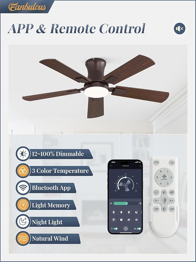 Fanbulous 42 inch ceiling fan with light, Low Profile Ceiling Fan with Light, App&Remote Control, Dimmable LED Light, Flush Mount Ceiling Fan for Indoor Bedroom Living Room, Qiuet DC Motor